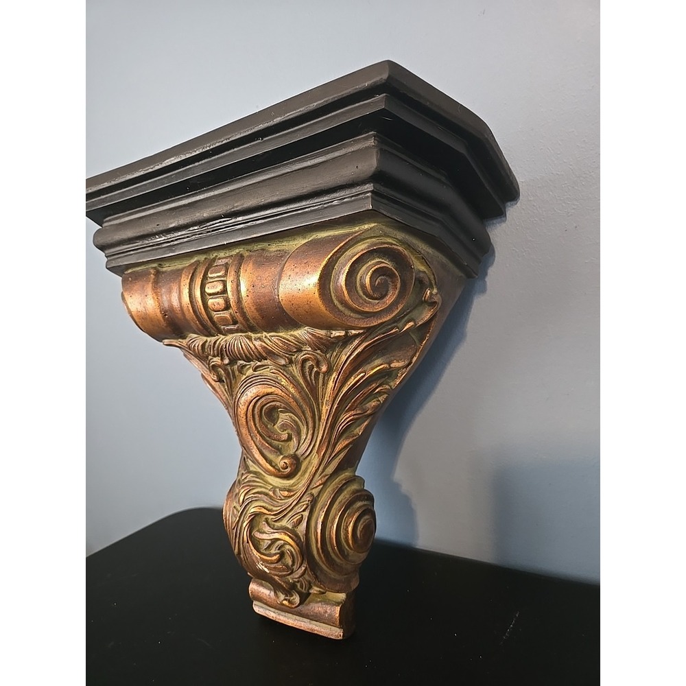 Vintage Wall Shelf Sconce Scrolls Leaves Copper Tone Green Antique Look 11"x11" - Picture 2 of 10